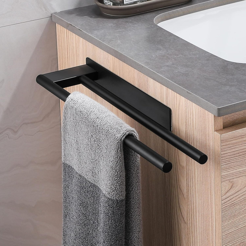 No Drill Towel Rack, Stainless Steel Black Adhesive Bar, for Bathroom and Kitchen