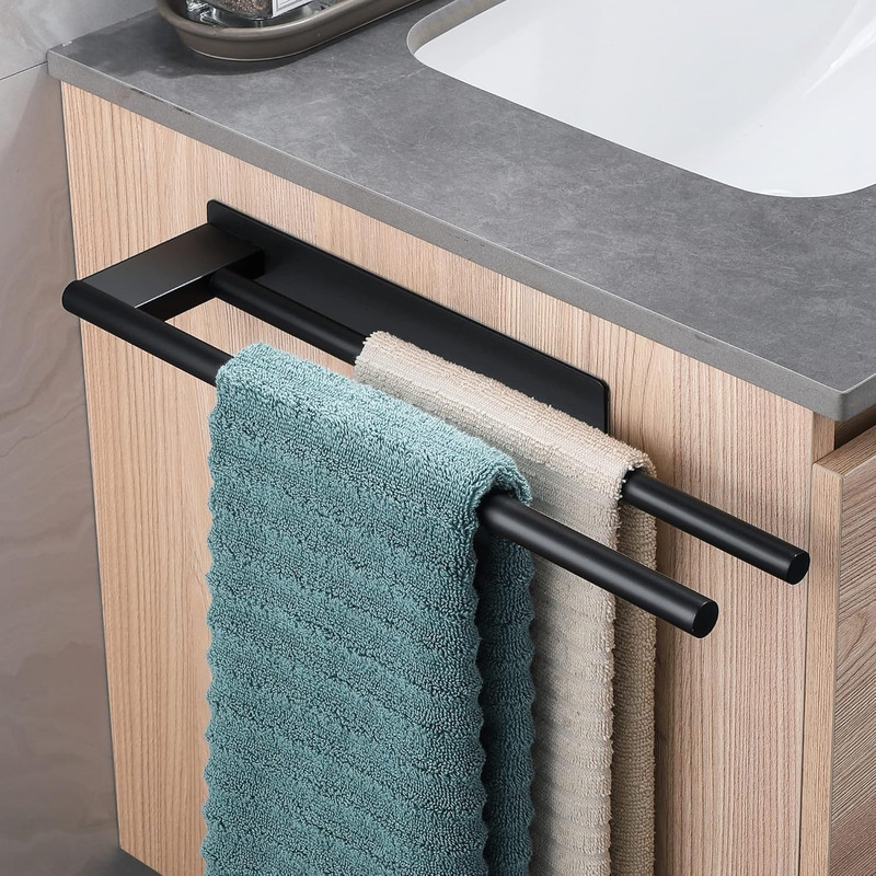 No Drill Towel Rack, Stainless Steel Black Adhesive Bar, for Bathroom and Kitchen