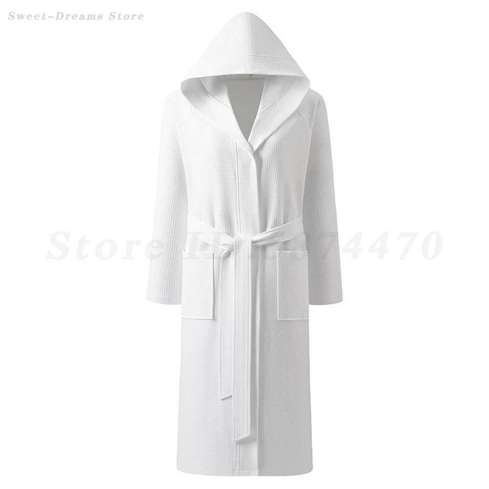 Cotton Waffle Kimono Robe, Long Sleeve Hooded Bathrobe, Couples Sleepwear and Home Loungewear for Spring and Autumn