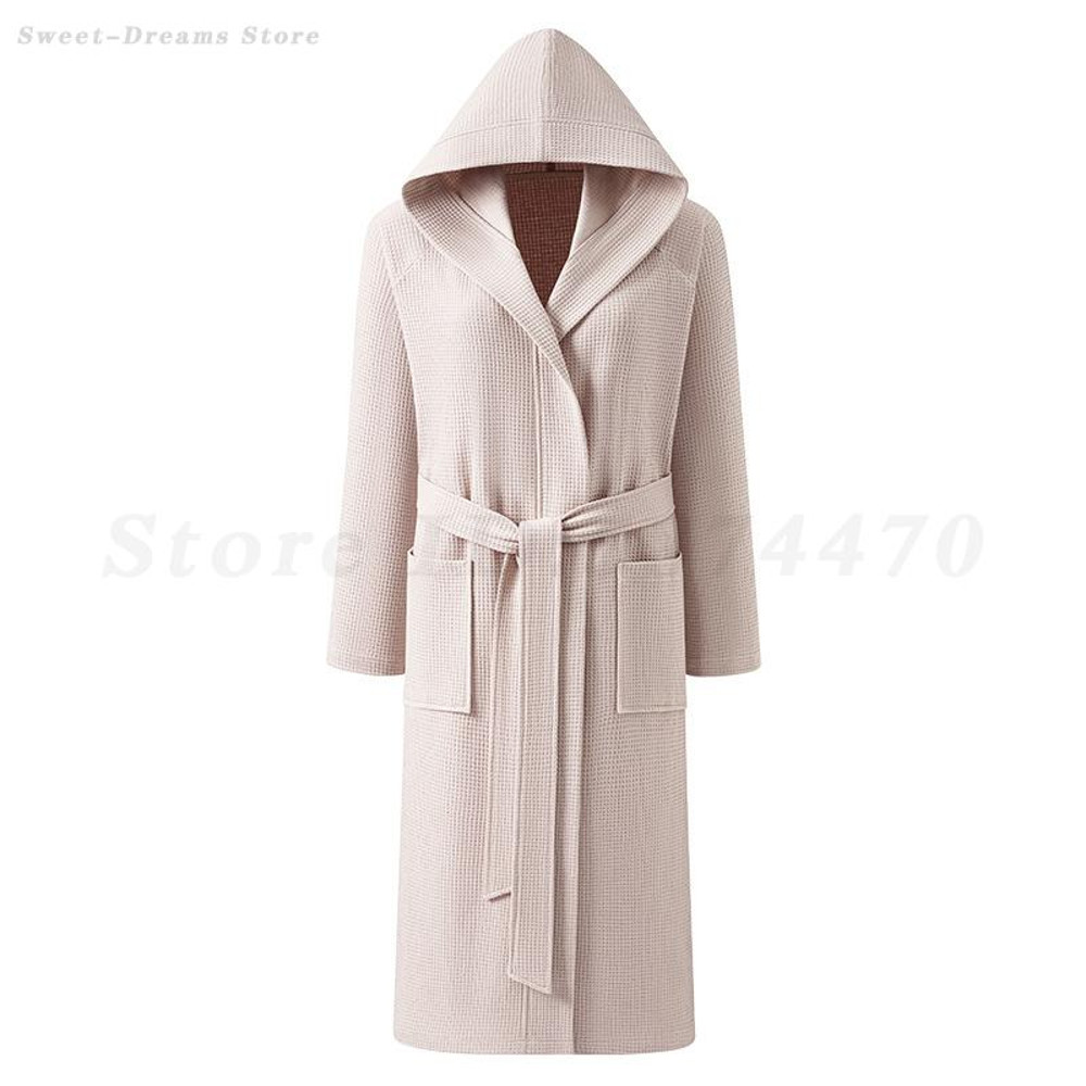 Cotton Waffle Kimono Robe, Long Sleeve Hooded Bathrobe, Couples Sleepwear and Home Loungewear for Spring and Autumn
