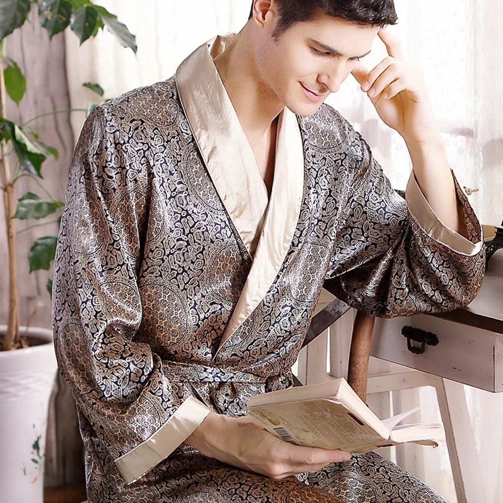 Men's Satin Kimono Robe, Luxury Print Gold Bathrobe, Plus Size Silk Dressing Gown, Geometric Lounge Sleepwear