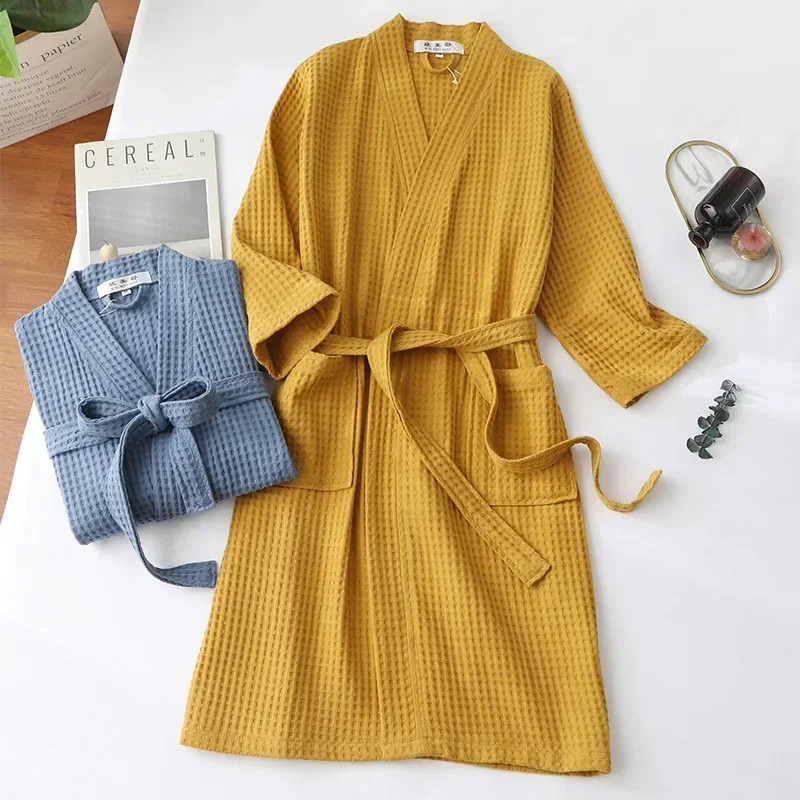 Lightweight Waffle Bathrobe, Cotton Terry Robe for Women and Men, Spring Summer Spa Robe, Long Sleeve Hotel Style Bath