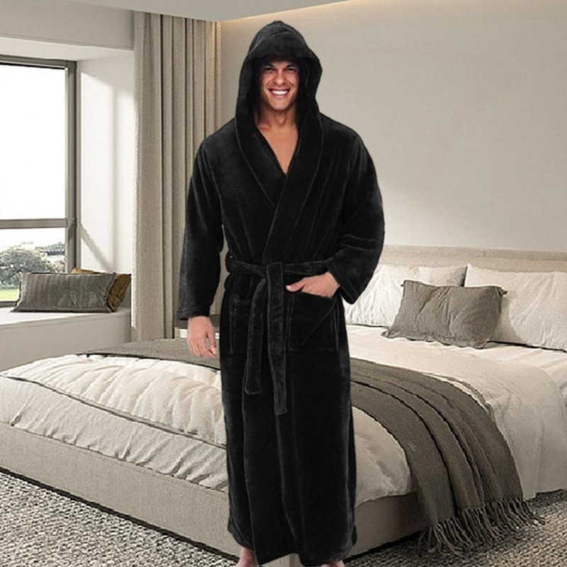 Mens Hooded Bathrobe Soft Fluffy Robe Long Quick Dry Sleepwear Home Gown 0