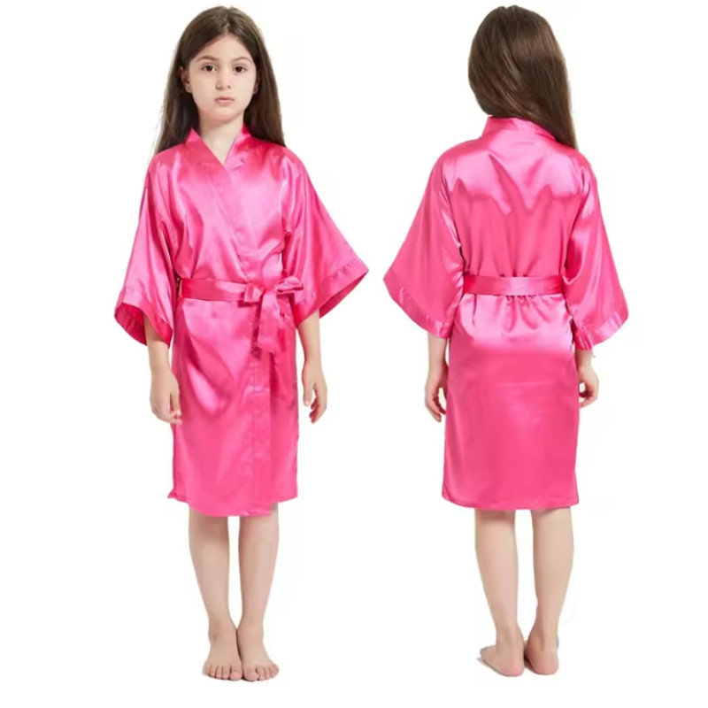 Girls Satin Kimono Robe, Pink Bathrobes for Girls Nightwear, Kids Sleepwear for Summer, Wedding and Spa Party Dress