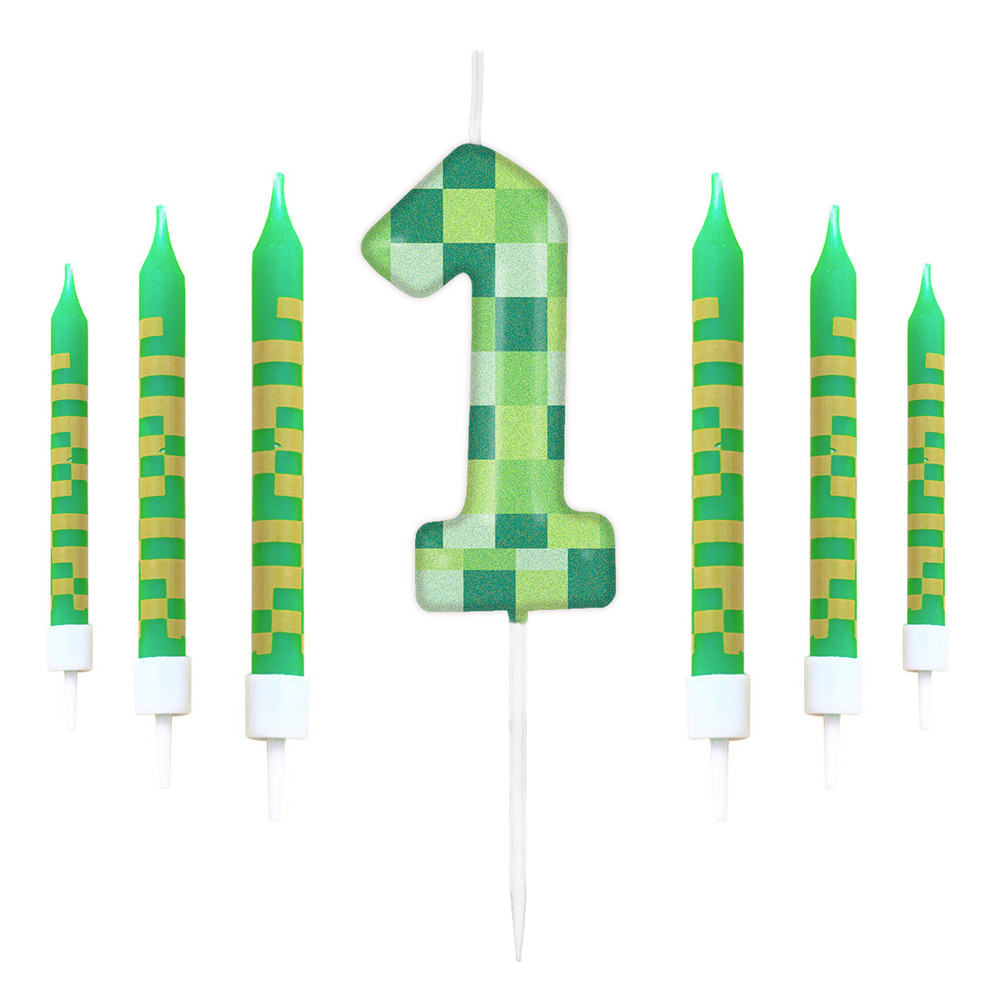 Pixel Theme Birthday Candles Green My World Cake Toppers Video Game Party Decoration Digital Number 14