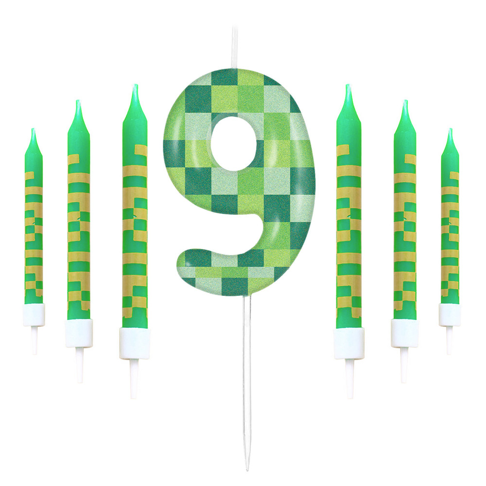 Pixel Theme Birthday Candles Green My World Cake Toppers Video Game Party Decoration Digital Number 13
