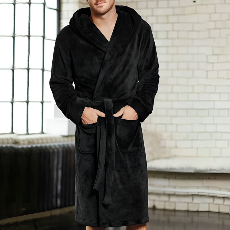 Mens Hooded Bathrobe Soft Fluffy Robe Long Quick Dry Sleepwear Home Gown 2