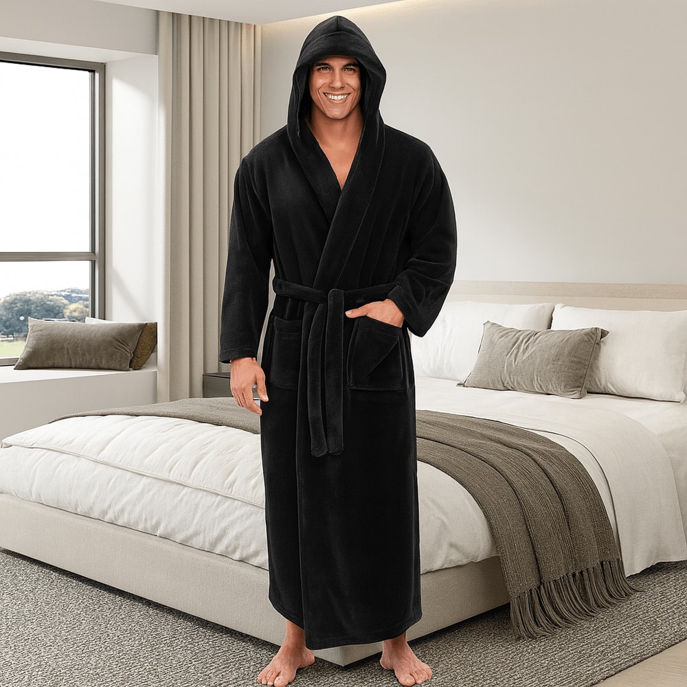 Mens Hooded Bathrobe Soft Fluffy Robe Long Quick Dry Sleepwear Home Gown 0