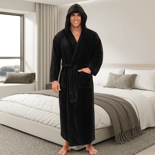 Men's Hooded Bathrobe, Soft Fluffy Robe, Long Quick Dry Sleepwear, Home Gown