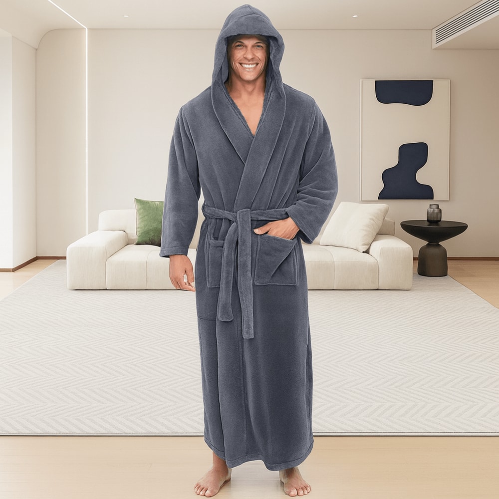 Mens Hooded Bathrobe Soft Fluffy Robe Long Quick Dry Sleepwear Home Gown 1