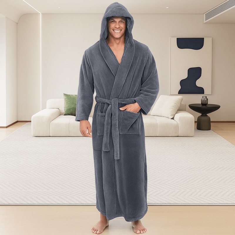 Mens Hooded Bathrobe Soft Fluffy Robe Long Quick Dry Sleepwear Home Gown 1