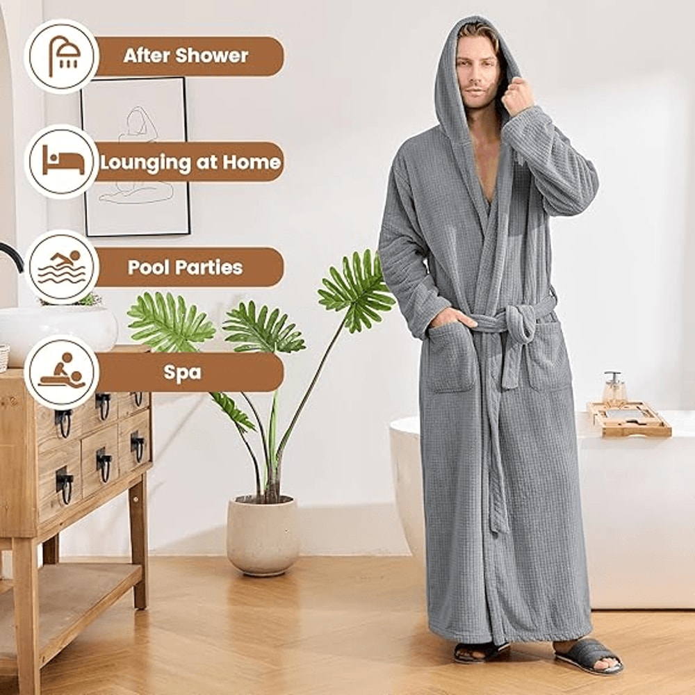 Men's Hooded Bathrobe, Soft Fluffy Robe, Long Quick Dry Sleepwear, Home Gown