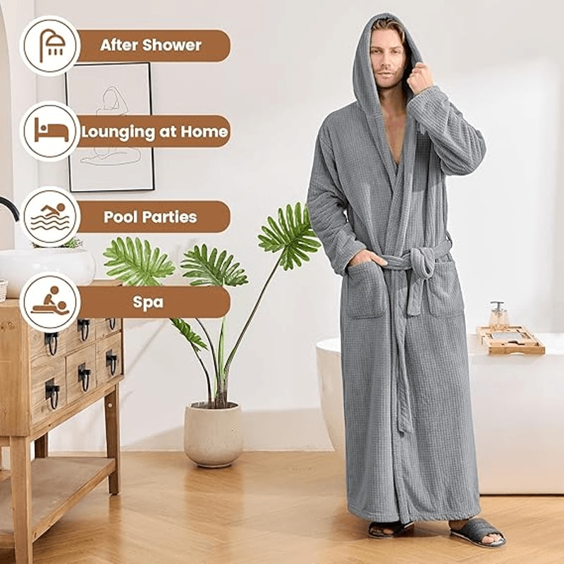 Men's Hooded Bathrobe, Soft Fluffy Robe, Long Quick Dry Sleepwear, Home Gown