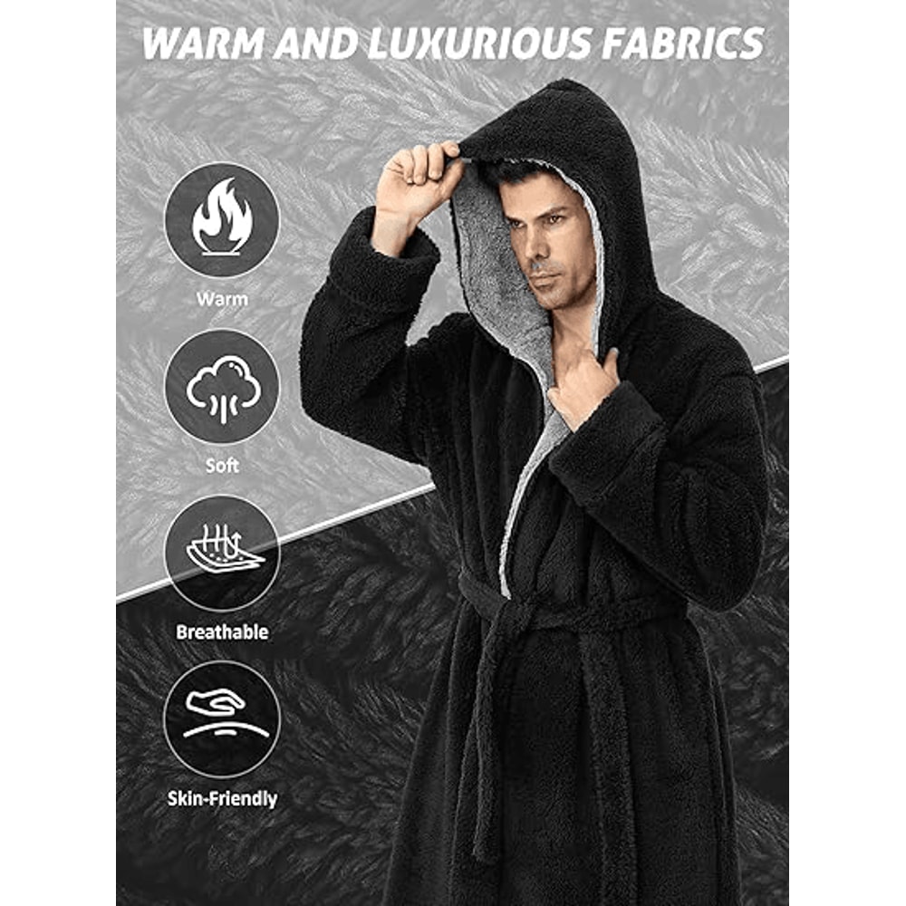 Men's Hooded Bathrobe, Soft Fluffy Robe, Long Quick Dry Sleepwear, Home Gown