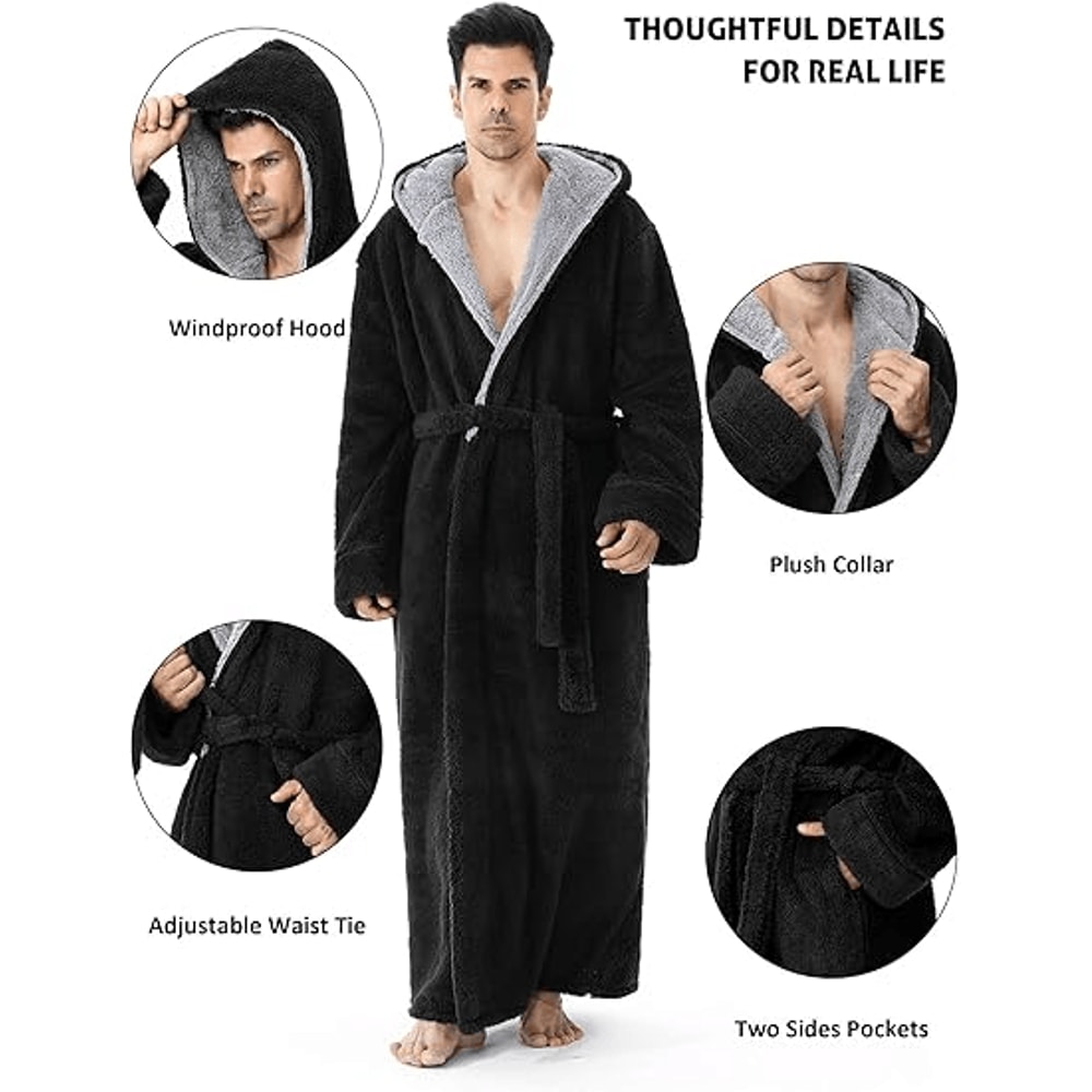 Men's Hooded Bathrobe, Soft Fluffy Robe, Long Quick Dry Sleepwear, Home Gown