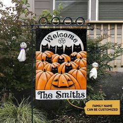 Personalized Welcome Black Cat Pumpkins Garden House Flag