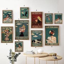 music vintage poster, lose your mind find your soul vintage poster, music lovers poster, girl with wine poster, 10 style