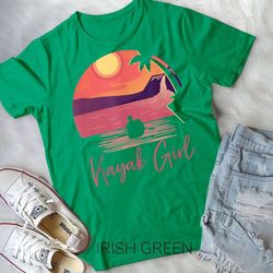 kayak girl women kayak outdoor sport canoe sunset kayaking unisex t-shirt