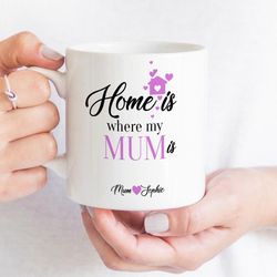 Home is where my mum is mug with children names - Cute Personalised Mother's Day Gift