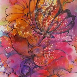 floral watercolor pink flowers original watercolor painting farmhouse decor