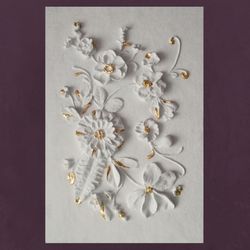 Sculptural wall art White and Gold Floral bas-relief Plaster panel Botanical artwork ready to hang
