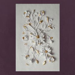 Sculptural wall art Gold and White bas-relief Botanical artwork Flowers 3d Plaster Relief Modern 3d wall  ready to hang