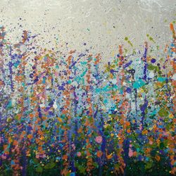 Horizontal landscape art Silver wall art for living room Field of flowers oil painting Modern floral art on canvas