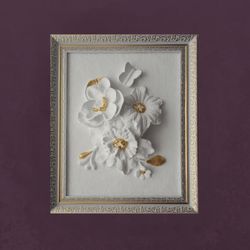 framed 3d wall art white and gold artwork 3d flowers decorative wall panel art deco sculptural wall gold leaf art