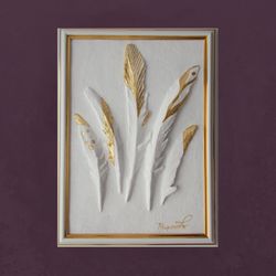 Framed 3d wall art Gold Feathers white and gold bas relief Decorative wall panel Sculptural wall art gold leaf art