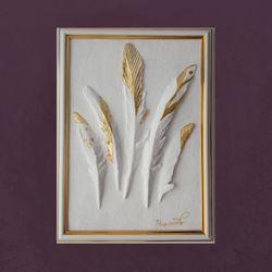 framed 3d wall art gold feathers white and gold bas relief decorative wall panel sculptural wall art gold leaf art