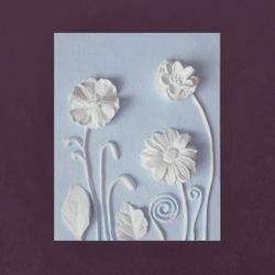 Panel gypsum 3d flower wall art Sculptural pastel sky blue bas-relief Panno Plaster flowers Light blue ready to hang