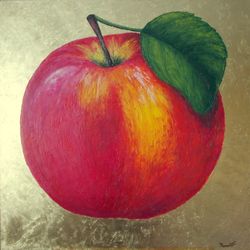 Painting apples red Red and gold wall paint Impressionism apple Minimalism painting impasto Gold leaf painting