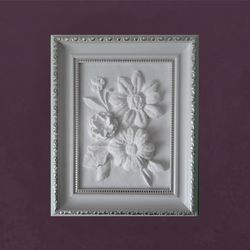 Plaster wall art Botanical sculpture framed wall art Relief 3d art frame white bas-relief ready to hang