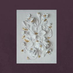 sculptural wall art white bas-relief gypsum panel flowers 3d plaster relief botanical relief gold leaf art modern art