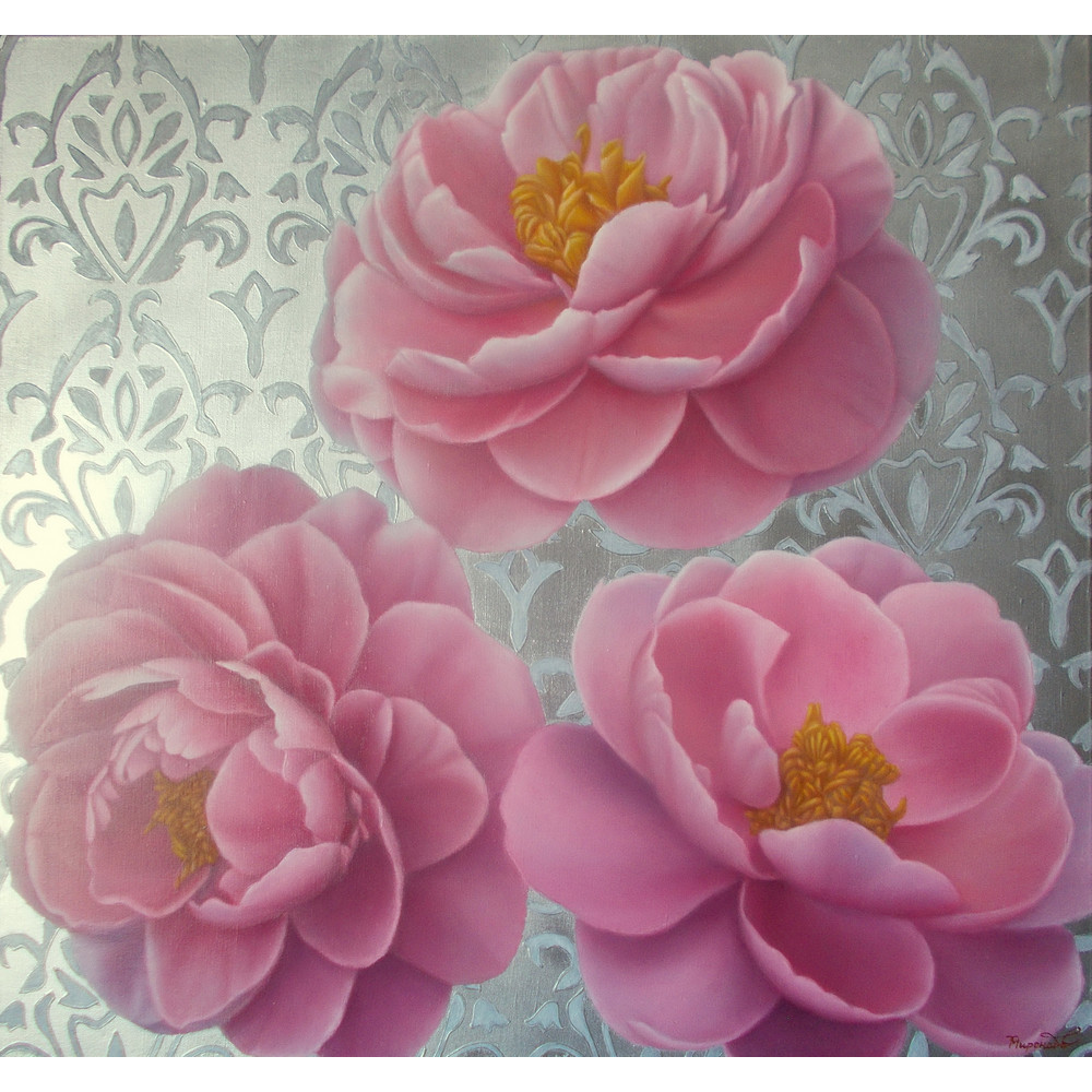 Realistic Oil Painting Pink Flowers On Silver Background Modern Floral Wall Art Living Room Wall Decor 0
