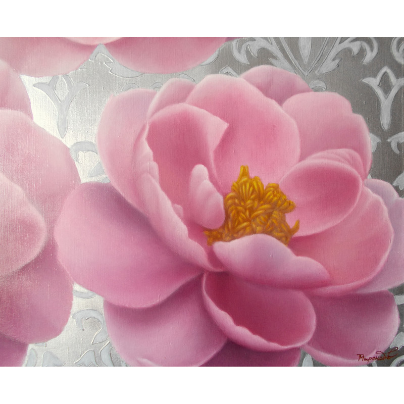 Realistic Oil Painting Pink Flowers On Silver Background Modern Floral Wall Art Living Room Wall Decor 3