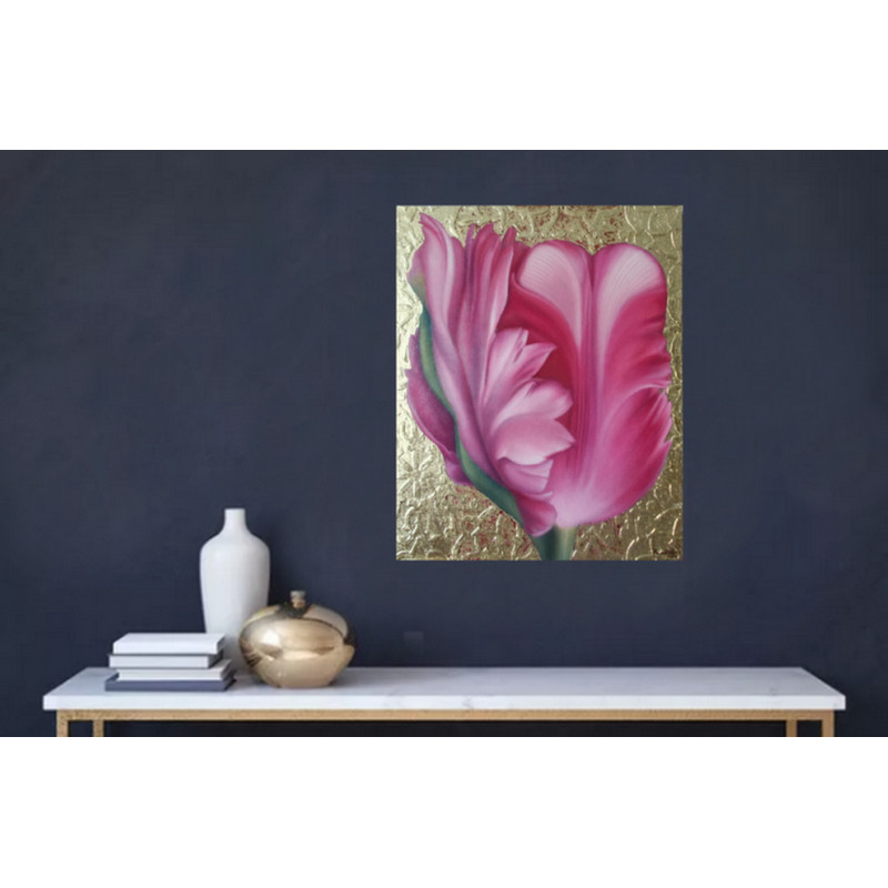 Realistic Pink Tulip Flower Oil Painting On Gold Leaf Background Botanical Wall Art Gift For Women 6