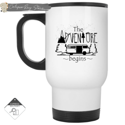 the adventure begins camping travel mugs, custom coffee mugs, personalised gifts