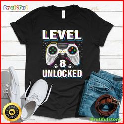8th birthday boy level 8 unlocked video gamer 8 years old t-shirt