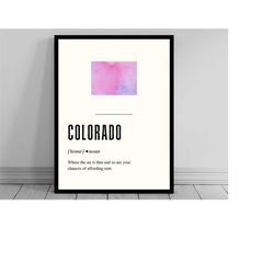 funny colorado definition print | colorado poster | minimalist state map | watercolor state silhouette | modern travel |