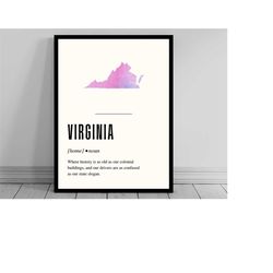 funny virginia definition print | virginia poster | minimalist state map | watercolor state silhouette | modern travel |