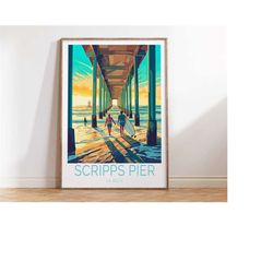 scripps memorial pier la jolla california coastal travel poster, la jolla scripps poster wall art, san diego la jolla su