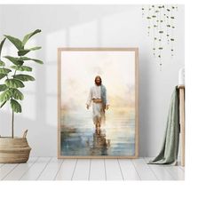 jesus walking on water poster painting print bible verse wall art gift trendy living room home decor framed canvas chris