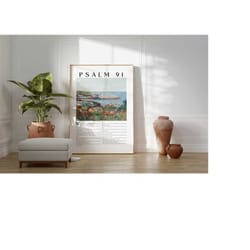 psalm 91 wall art, bible verse poster for christians, vintage scripture art print, poppy field impressionism printable w