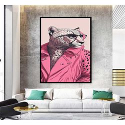 cheetah in pink jacket canvas wall art, cheetah