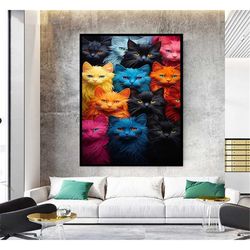 colorful cats wall art, cute animals canvas, modern