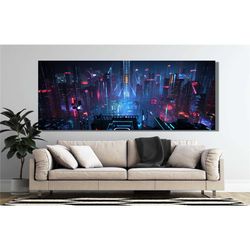 cyberpunk city canvas poster, neo futuristic wall art,