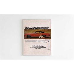 dodge challenger advertising poster, muscle car 70s style