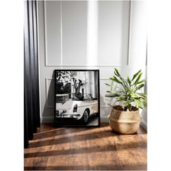 framed classic car black and white fashion photography,