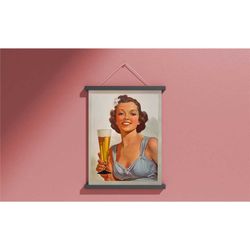 framed vintage poster, vintage woman canvas art, beer